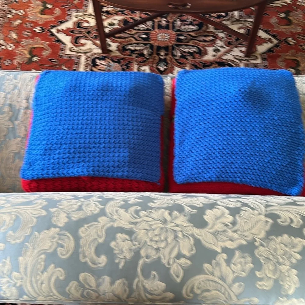 Hand Crafted Bright Blue Knit Throw Pillow Cover 18 x 18 Hand Crochet Heirloom